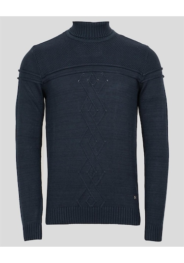Erkek Tam Boğazlı Örgü Desenli Slim Fit Kazak Ncs Jeans 3659-Lacivert