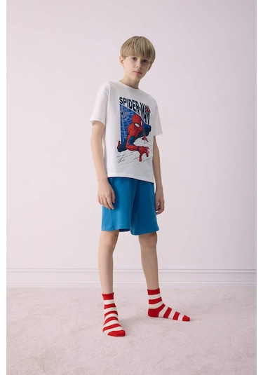 DeFacto Erkek Çocuk Marvel Spiderman Pijama Takımı Kısa Kollu Üst Şort E0343A825SMWT34