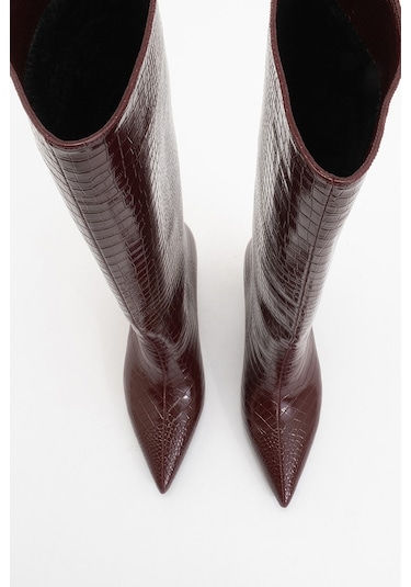 Camila Bordo Baskı Kadın Topuklu Çizme Bordo