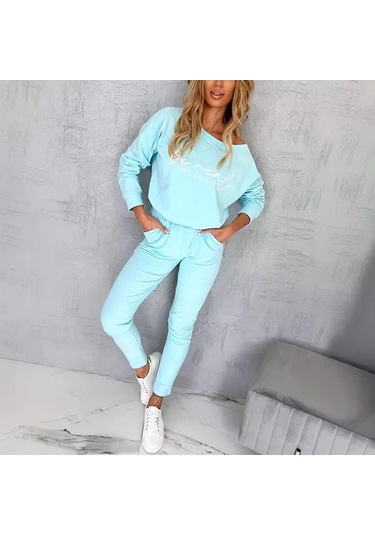 Novahub Sonbahar Modası Kadın Pantolon Takımı Uzun Kollu Üstler Ve Pantolonlar Gökyüzü Mavisi - Xl Gökyüzü Mavisi