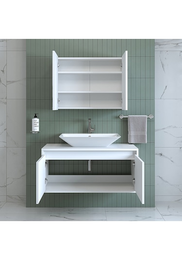 Banos Banyo Roomart Lavabolu Mat Beyaz Mdf 100Cm Banyo Dolap+Ayna Mat Beyaz