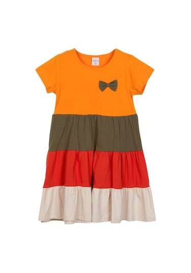 Lovetti Kadmium Sarı + Taş Kız Çocuk Kısa Kol Fiyonklu Renkli Kat Kat Elbise 9242W0100 Sarı - Taş