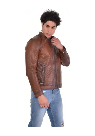 Hakiki Deri Kahverengi Oscar Hakim Yaka Erkek Deri Ceket Kahverengi