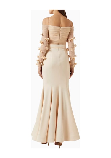 Ronanna Off-shoulder Çiçek Aplikeli Abiye Krem