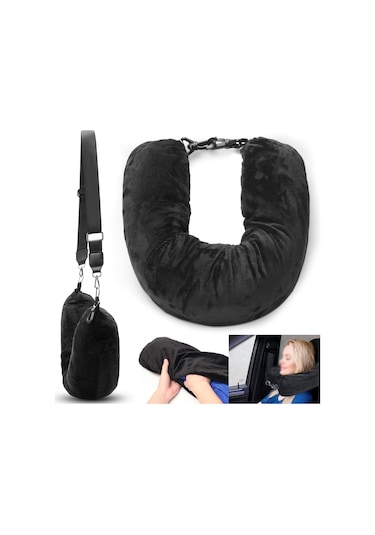 Padalink Seyahat Boyun Yastığı - Kıyafet Dolgulu Çantası, Su Geçirmez Lycra, Uçak Yastığı, 18x78 Cm Siyah, Çok Amaçlı Stokaj Siyah