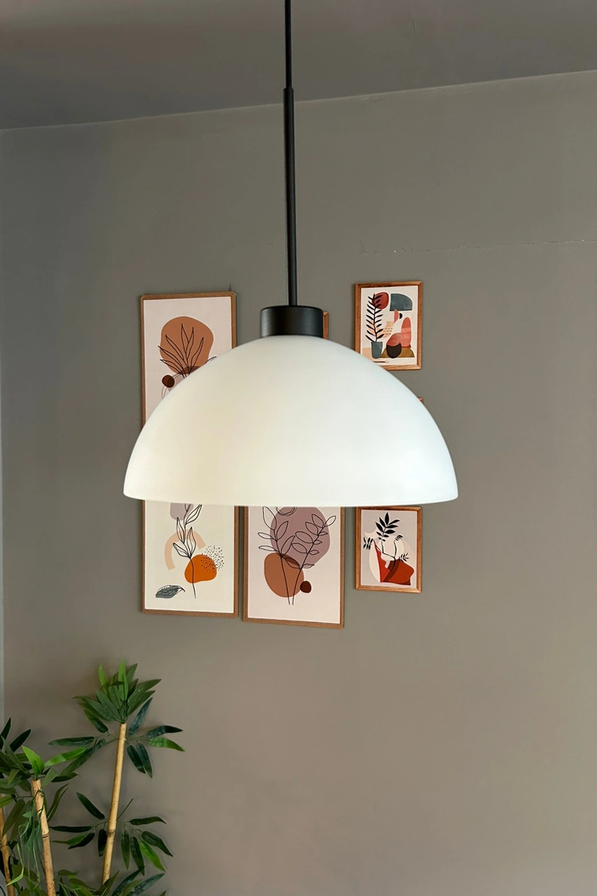 Perry Beyaz Cam Tekli Avize İnce Siyah Başlık Retro Sarkıt Lamba Restoran Salon Aydınlatma Bal