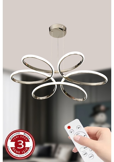 Ransom 3 Renk Kumandalı Büyük Salon & Oda Avizesi Topsuz Papatya Krom