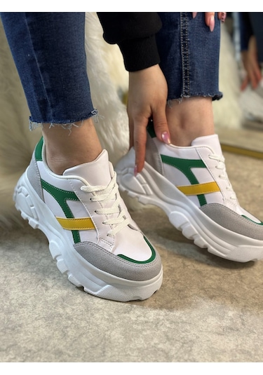 Günlük Kadın Sneaker Kalın Yüksek Taban Bağcıklı Rahat Tiger Şeritli Spor Ayakkabı 032 09-taş Yeşil Sarı