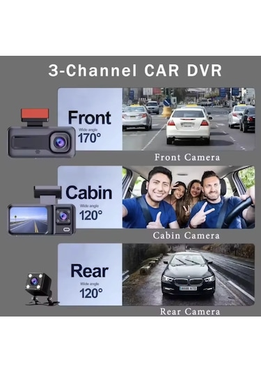 A98 3 Lens 1080p Araç Kamerası Ön İç Arka Full Hd Dvr Geri Görüş Kameralı Dashcam