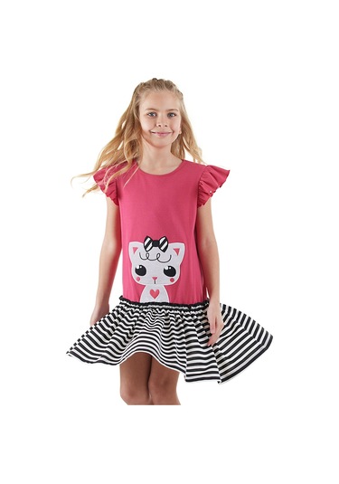 Denokids Kedicik Kız Çocuk Fuşya Yazlık Elbise Renkli Çok Renkli