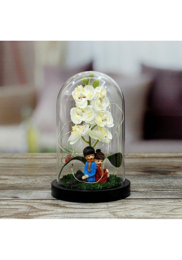 Mobgift Orkide Altında Romantik Çift Tasarımlı Işıklı Fanus Beya Beyaz