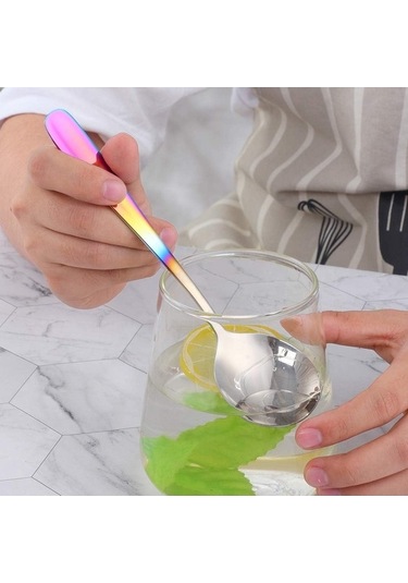 Fastbuy Et Suyu Kaşık Seti, 7 Yuvarlak Çorba Kaşıkları, Paslanmaz Çelik, Degrade Gökkuşağı Renk