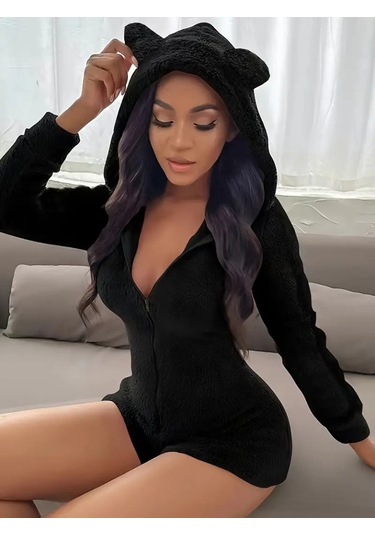 Munn Collection Kadın Uzun Kollu Kapişon Ve Fermuar Detaylı Peluş Şort Tulum Siyah