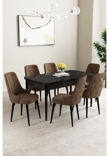 Mabel Siyah Mermer Desen 80x132 Açılabilir Yemek Odası Takımı 6 Adet Sandalye Kahverengi