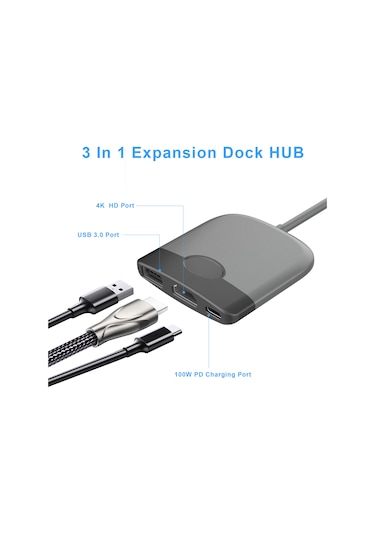 Reedark Siyah-gri 4k Hdmı + Usb 3.0 + 100w Pd 3'lü Type-c Dönüştürücü, Absp Malzeme, Ultra Kompakt 6.3x6x1.1cm