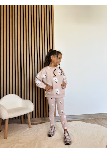 Kız Çocuk Çiçek - Leopar Detaylı 3 İplik Alt Üst Takım Sweatshirt + Tayt Pudra Papatya