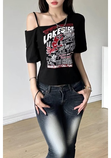 Siyah Lakeside Omuz Dekolteli Askılı Y2k Kısa Kollu Crop-17997 Siyah