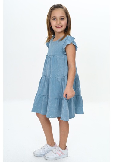 Toontoy Kız Çocuk Yıkamalı Elbise Mavi