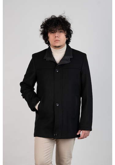 Yakalı Klasik Kesim Fermuarlı Kaşe Erkek Kaban Siyah