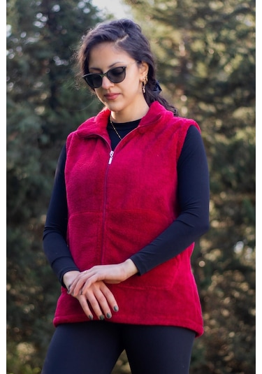Kadın Bordo Kırmızı Dik Yaka Kalın Peluş Fermuarlı Yelek 24kylkk215 001