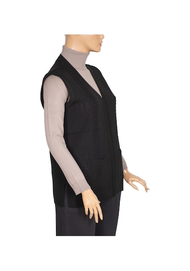 Hesna Kadın Karen Triko Cepli Boncuklu Siyah Yelek Siyah