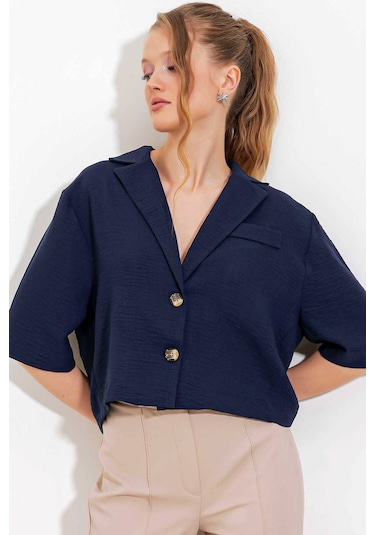 Gabria Kısa Keten Ceket Lacivert