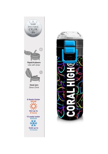 Coral High Kids Çok Renkli Kalp Desenli Pipetli Ve Direkt İçim Çelik Termos 500 Ml 31870 Siyah - Yeşil