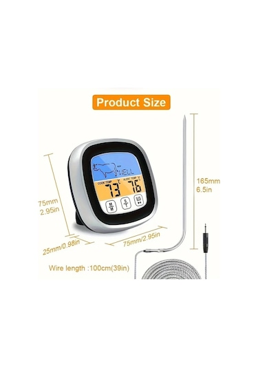 Honeybeeshop Siyah 1 Adet Cift Ekranli Dijital Et Termometresi Buyuk Dokunmatik Ekran Paslanmaz Celik Prob Bbq Pisirme Firinlama Icin Ideal