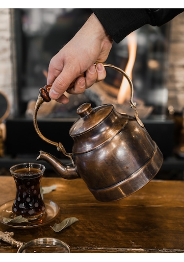 Bakır Demlik Modern Model Ahşamp Kulp Oksit Renk