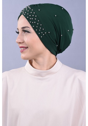 Kadın Tesettür İncili Taşlı Havuz Dış Bone Zümrüt Yeşili Zümrüt Yeşili