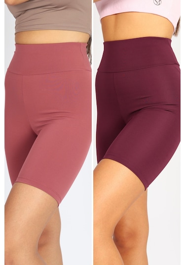 Soft&Basic Kadın 2'li Bıker Toparlayıcı Esnek Kısa Spor Tayt Rose-bordo