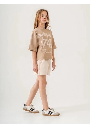 Kız Çocuk Pamuklu 74 Yazılı Şortlu Takım-15886 Bej