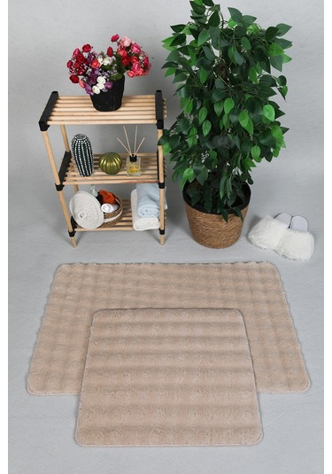 Modern Bubble Yıkanabilir Kaymaz Peluş Banyo Paspası Halısı 2'li Klozet Takımı 50x80-50x40cm Açık Bej
