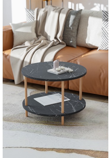 Yuvarlak Orta Sehpa Gazetelik Ahşap Ayaklı Sehpa -siyah