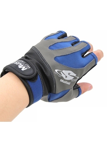 Mustad XL Beden Half Finger Casting Balıkçı Eldiveni Mavi - Siyah