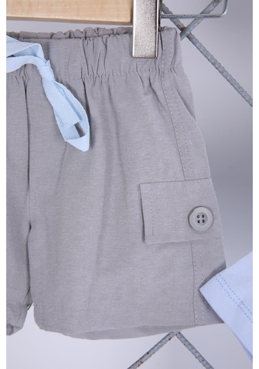 Babyhola 3'lü Tişört Keten Şort Şapka Erkek Bebek Çocuk Bayramlık Alt Üst Takım Elbise 02101 Mavi