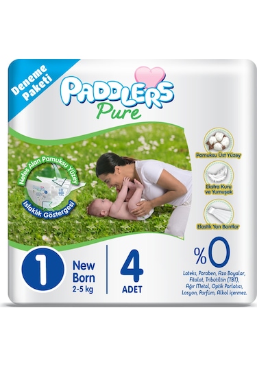 Paddlers Pure Bebek Bezi 1 Numara Yenidoğan 4 Adet (2-5 Kg) Deneme Paketi