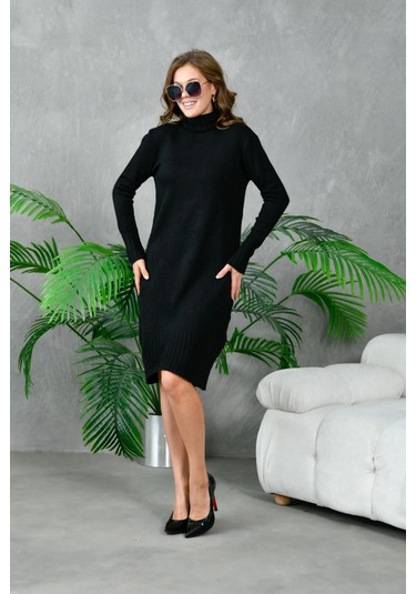 Kadın Balıkçı Yaka Kışlık Triko Elbise Siyah