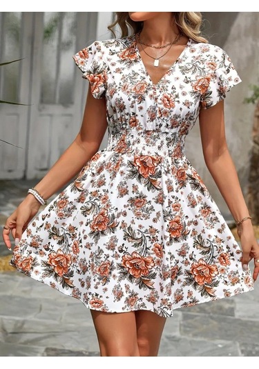 Kadın Kısa Kollu Kruvaze Yakalı Çiçek Desenli Süprem Elbise Çok renkli