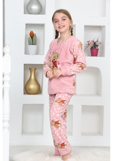 Kız Çocuk Welsoft Kumaş-göz Bantlı Ayıcık Baskılı Pijama Takımı 12293 Gül Kurusu