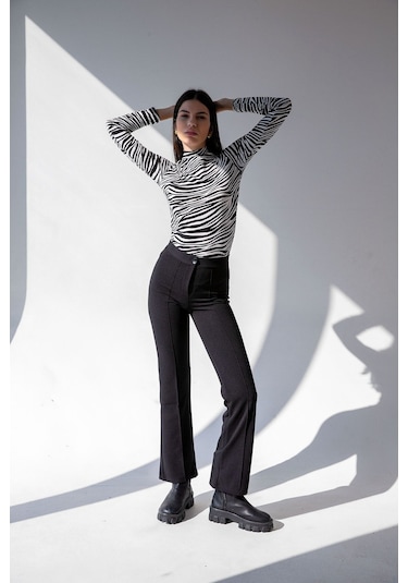 Kadın Siyah Yüksek Bel Toparlayıcı İspanyol Paça Pantolon Siyah