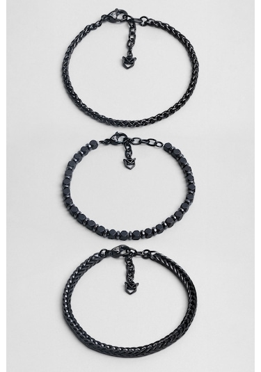 Gri Hematit Taşlı Ayarlanabilir Erkek Çelik Üçlü Bileklik Seti Siyah
