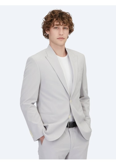 Açık Gri Düz Slim Fit Takım Elbise Açık Gri