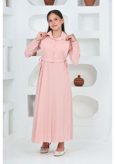 Kız Çocuk Uzun Boy Gofre Kumaş Jile & Elbise İki Parça Takım Astarlı Zarif Set-4948 Pudra Kız Çocuk Uzun Boy Gofre Kumaş Jile & Elbise İki Parça Takım Astarlı Zarif Set-4948 Pudra
