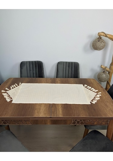El Dantelli Püsküllü Runner Ranır Örtü Buldan Işi Monika Keten Sehpa Masa Üstü Örtüsü Şömen 45x100