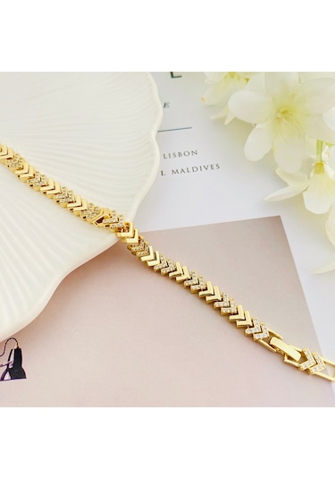 Kadın Bileklik V Model Bileklik Taşlı Vip Seri 14ayar Gold 19 Cm Gold