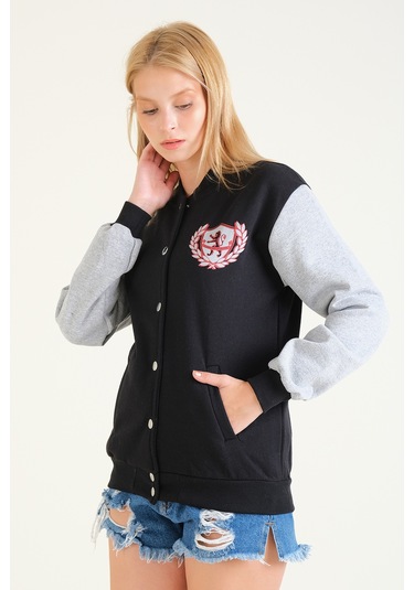 Giyi Dünyası Kadın Çıtçıtlı Şardonlu Kolej Sweatshirt Siyah 001
