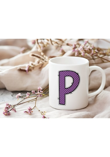 P Harfi Mor Puantiyeli Kupa Bardak - Polka Dot Tasarım Kahve Çay Bardak - Kişiye Özel Hediyelik Beyaz