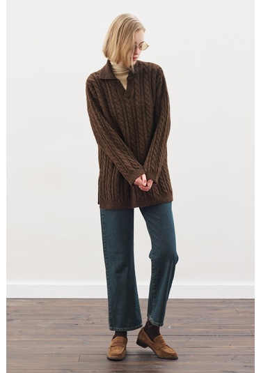 Yakalı Saç Örgü Kazak Kahverengi Kahverengi