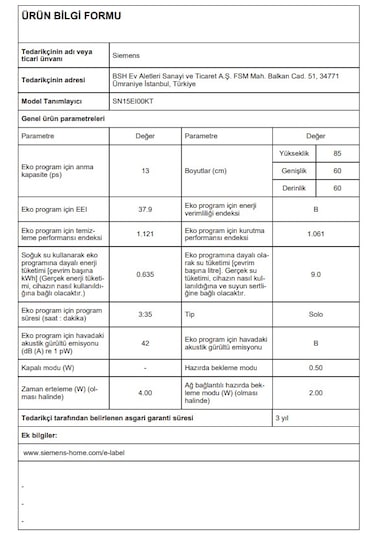 Siemens SN15EI00KT 6 Programlı 13 Kişilik Bulaşık Makinesi